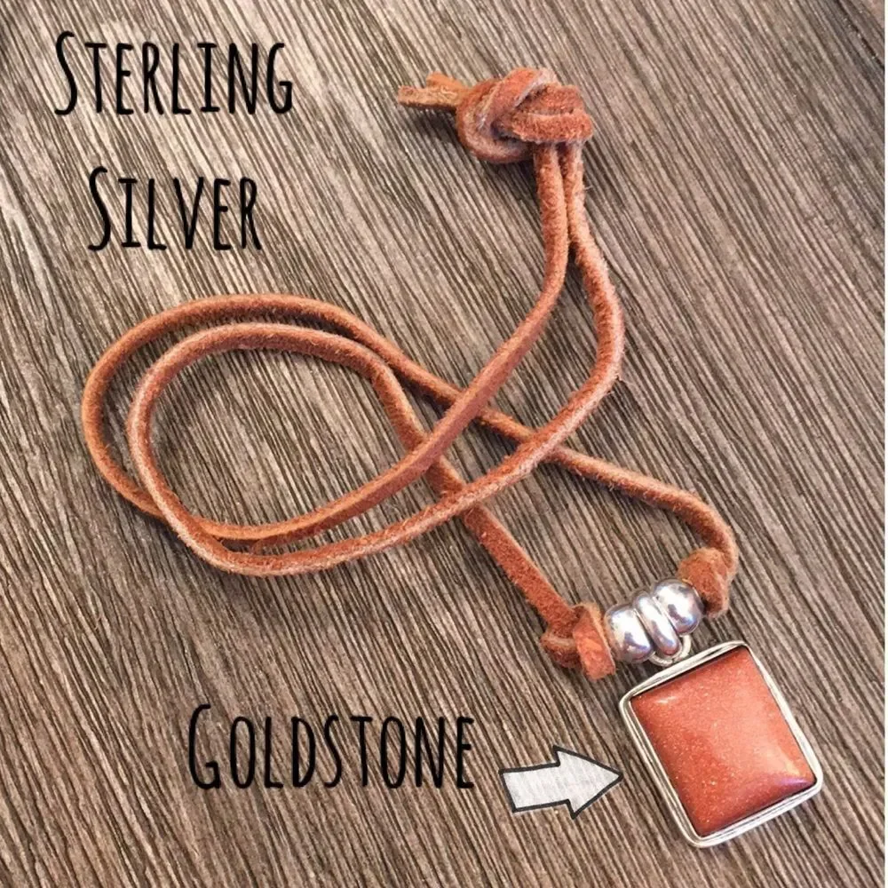 Sterling Silver Goldstone Pendant on Leather Cord